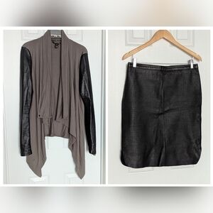 Danier Women's 2-Piece Set - Open Waterfall Cardigan & Leather Midi Pencil Skirt